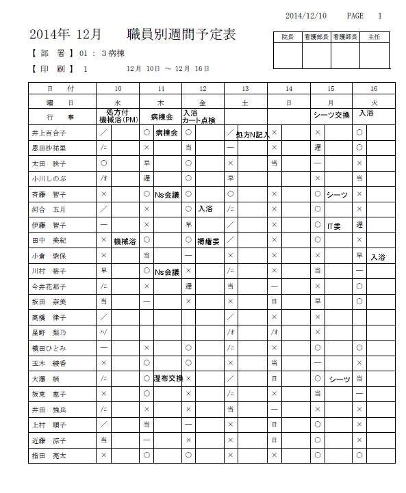 週間勤務表